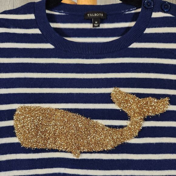 Talbots $89 Medium Gold Tinsel Whale Blue Striped Lambswool Nautical Sweater - Picture 5 of 10
